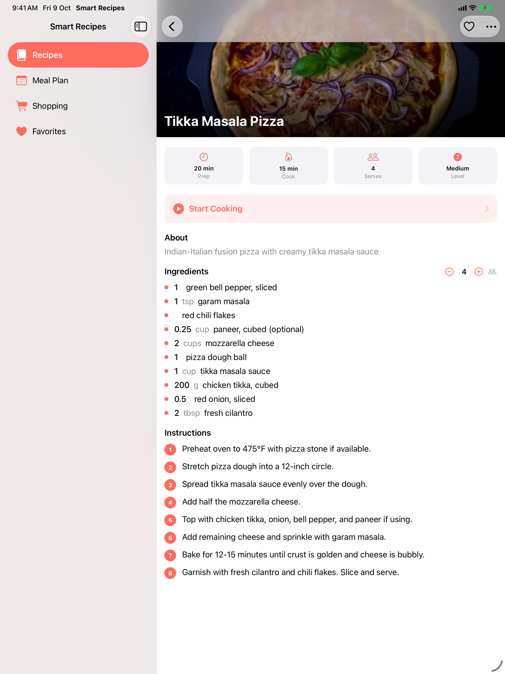 Recipe detail on iPad with sidebar navigation