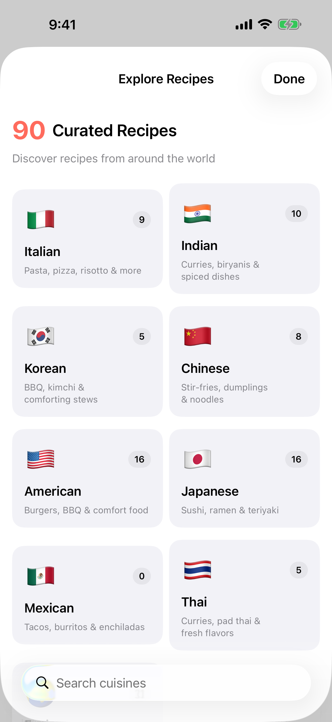 Smart Recipes cuisine browsing screen on iPhone