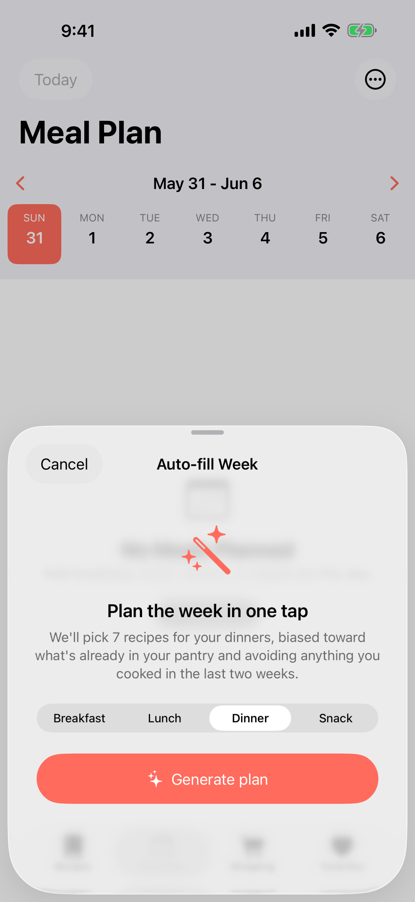 Smart Recipes weekly meal plan auto-fill on iPhone