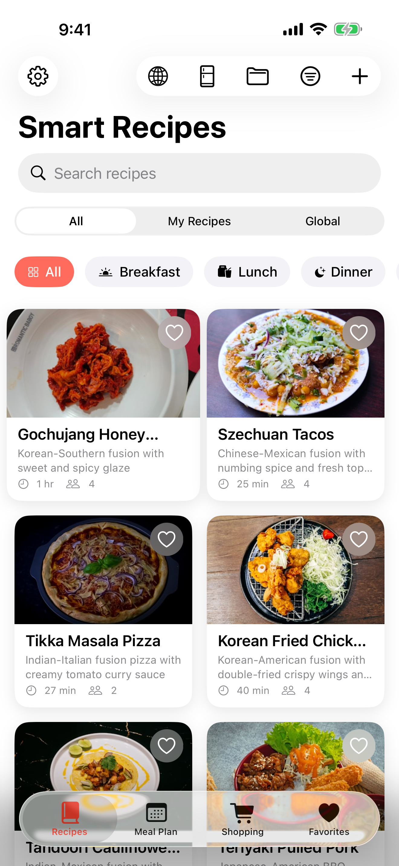 Smart Recipes recipe library on iPhone