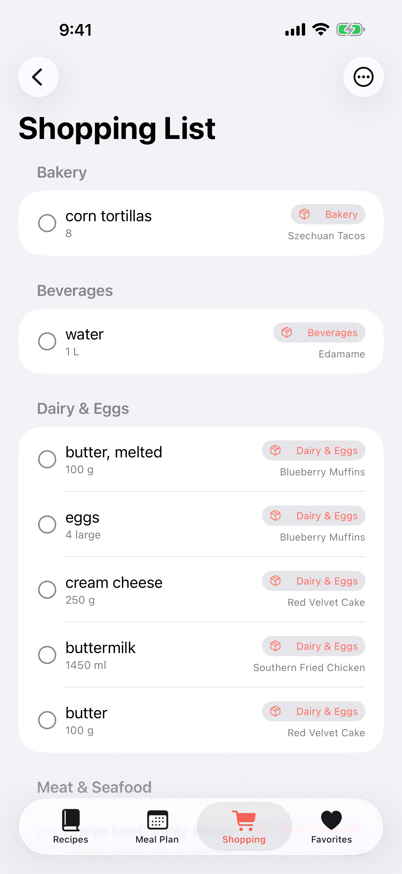 Smart Recipes aisle-grouped shopping list on iPhone