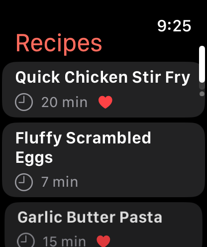 Smart Recipes recipe list on Apple Watch